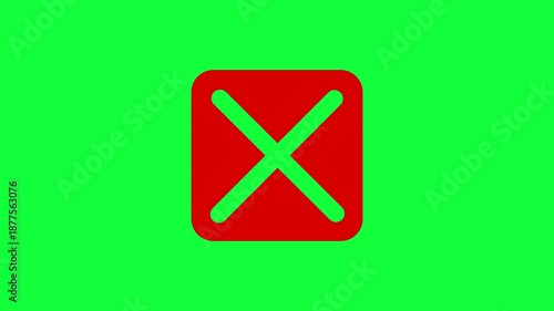 Red 'X' mark animation on a green background. Cancel, rejection, wrong choice sign. Symbol on a green background, chroma key. cross alpha animation icon.