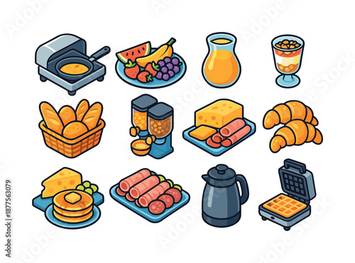 Hotel Breakfast Icons. hotel breakfast buffet. Colorful isometric vector icons set of hotel breakfast buffet: omelette station pan, fruit platter, yogurt