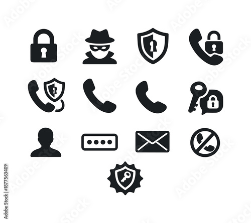 Private Communication Icons. Private calls. Solid icon set of Private calls: lock icon, masked user, shield, secure line symbol, phone silhouette, encrypted
