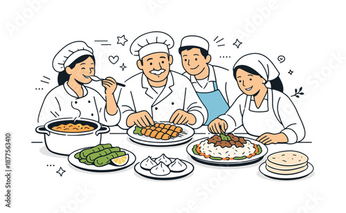 Culinary Teamwork. People preparing traditional food final touches. Cooks tasting and arranging finished dishes together. Sense of pride, care, and shared