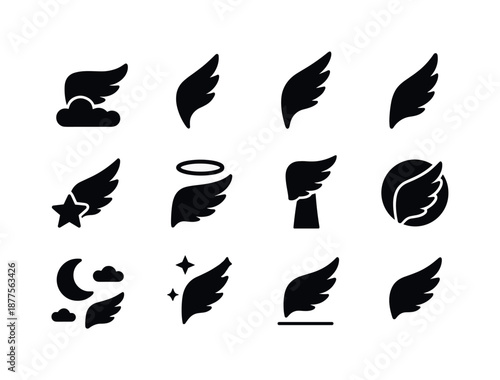 Angel Wing Icon Set. Angel wing scenes. Solid icon set of angel wing scenes: wing above clouds, wing rising, wing descending, wing beside star, wing with halo,