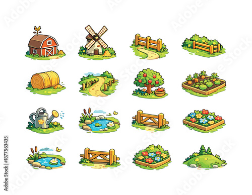 Isometric Countryside Icons. Countryside. Colorful isometric vector icons set of countryside: barn, windmill, pasture fence, hay bale, farm path, orchard tree,