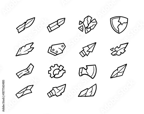 Weapon Shards Icons. Weapon shards. Line icon set of Weapon shards: broken blade, chipped sword piece, shattered arrowhead, cracked shield fragment, jagged