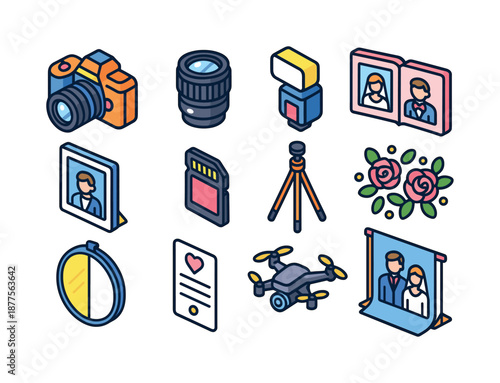 Wedding Photography Icons. Wedding photography. Colorful isometric vector icons set of wedding photography: camera, lens, flash diffuser, wedding album (no