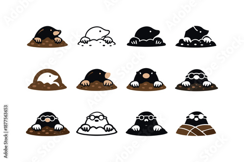 Mole Logo Variations. Mole. Icon set. Set Logo of mole: soft earth texture icon. harmonious logo variations of the same emblematic concept, each with different