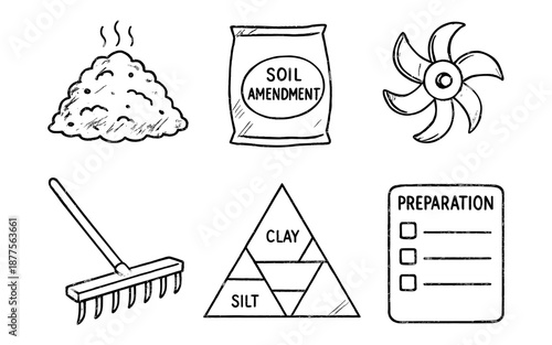 Hand drawn gardening elements: soil amendments and tools for effective garden preparation