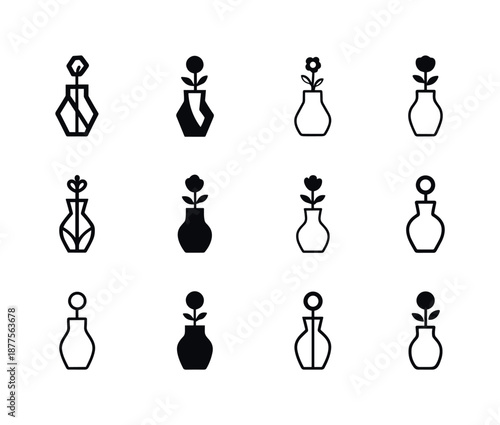 Geometric Vase Logos. Tabletop flower vase. Icon set. Set Logo of tabletop flower vase: modern geometric vase. harmonious logo variations of the same