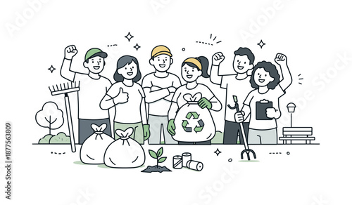 Community Cleanup Triumph. Community clean-up success. Volunteers smiling after finishing the work with clean surroundings. Feeling of achievement and shared