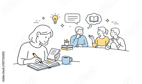 Book Club Insights. Book club meeting notes. Member writing notes or highlighting passages while others listen attentively. Reflection, analysis and deeper