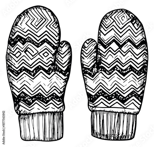 Hand drawn line art mittens set featuring a geometric knit pattern for winter