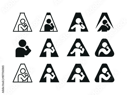 Concert Logo Variations. Singing at live performances and concerts. Icon set. Set Logo of Singing at live performances and concerts: spotlight on performer.