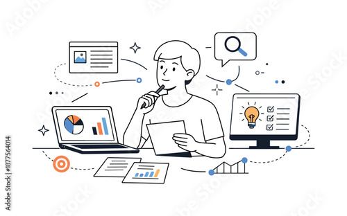 Analyzing Multiple Sources. Critical thinking skills. Person reviewing information from multiple sources, calm concentration and clarity. Documents, screens,