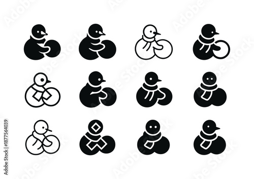 Snowman Icon Set. Snowman-building contest and snow activities. Icon set. Set Logo of Snowman-building contest and snow activities: scarf emblem. harmonious