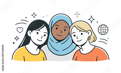 Inclusive Female Portrait. Inclusive Female Portrait. A close-up style portrait of women with calm facial expressions and soft posture. The illustration