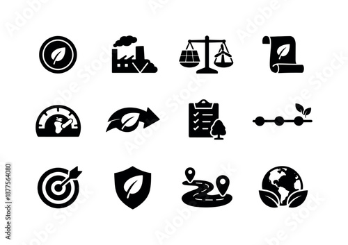 Net-Zero Icons Grid. Net-zero initiatives. Solid icon set of net-zero initiatives: net-zero badge, emission reduction icon, renewable balance scale, climate