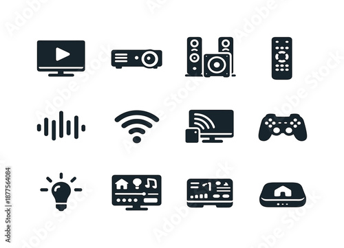 Integrated Entertainment Icons. Integrated home entertainment. Solid icon set of integrated home entertainment: smart TV, projector icon, speaker, subwoofer,
