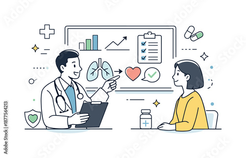 Digital Doctor Consultation. Digital diagnosis and advice. Doctor pointing to simple charts or notes on screen while patient listens attentively. Clear