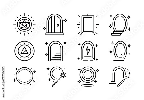 Magical Doorway Icons. Magical doorways. Line icon set of Magical doorways: glowing sigil, enchanted door, light frame, spark portal, rune seal, ethereal