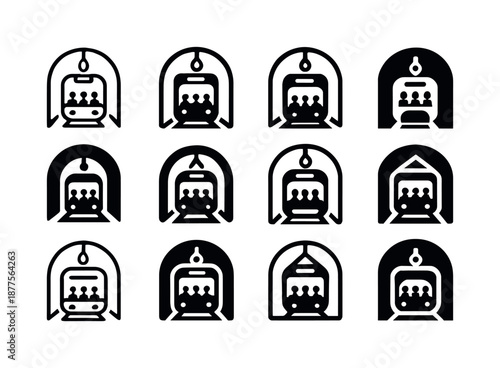 Subway Train Logo Variations. A subway train moving through underground tunnels, with passengers inside. Icon set. Set Logo of a subway train moving through