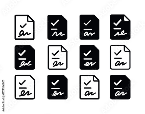 Job Contract Icons. Job contract. Icon set. Set Logo of Job contract: Digital signature icon: Negative space, Flat solid, Abstract geometric, Filled