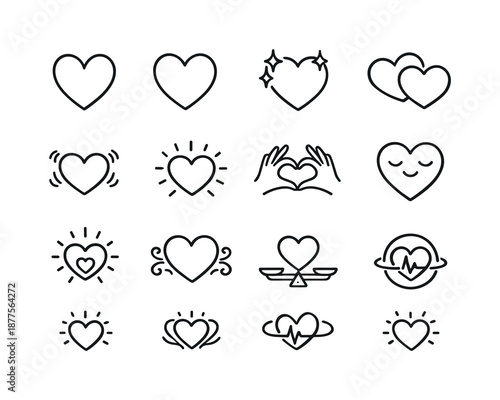 Heart Icon Collection. Heart Expressions. Line icon set of Heart Expressions: open heart, filled heart outline, sparkling heart, connected hearts, flutter