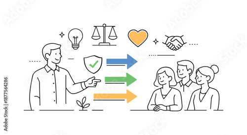 Guiding Ethical Leadership. Ethical leadership at work. Leader guiding team with calm confidence, supportive atmosphere and shared values. Arrows and abstract