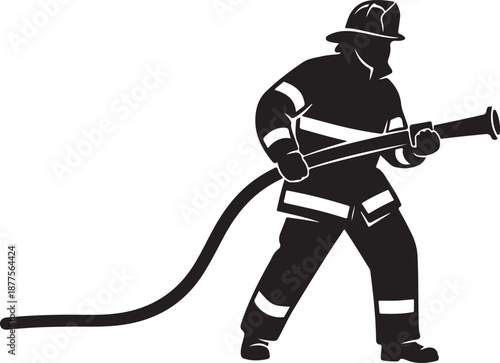 Dynamic firefighter action silhouettes featuring emergency response poses such as spraying hoses, rescuing, climbing ladders, and carrying equipment. Perfect for fire department branding, safety campa