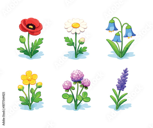Colorful Wildflower Icons. Wildflowers. Isometric flat vector icons set of Wildflowers: poppy, daisy, bluebell, buttercup, clover, lavender sprig. Arrange all