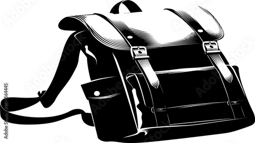 A black and white vector graphic of a backpack with straps, buckles, and a side pocket