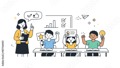 Classroom Achievements. Classroom scene success. Teacher giving positive feedback and students showing achievement icons. Encouragement and sense of progress.
