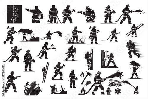 Dynamic firefighter action silhouettes featuring emergency response poses such as spraying hoses, rescuing, climbing ladders, and carrying equipment. Perfect for fire department branding, safety campa