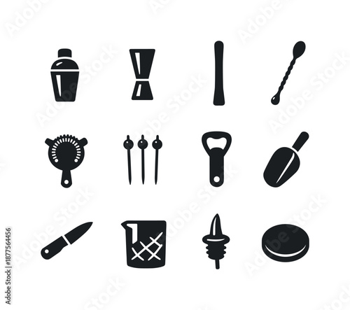 Bar Tools Icons. Bar essentials. Solid icon set of bar essentials: shaker, jigger, muddler, bar spoon, strainer, cocktail picks, bottle opener, ice scoop,