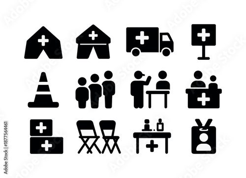 Temporary Medical Icons. Temporary medical sites. Solid icon set of temporary medical sites: tent clinic, pop-up center, mobile unit, signage board, traffic