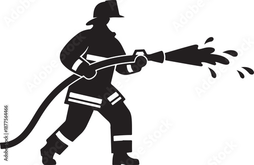 Dynamic firefighter action silhouettes featuring emergency response poses such as spraying hoses, rescuing, climbing ladders, and carrying equipment. Perfect for fire department branding, safety campa