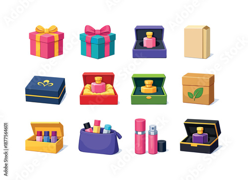 Perfume Packaging Icons. Perfume Packaging. Colorful flat vector icons set of Perfume Packaging: gift box, ribbon wrap, protective foam insert, minimalist