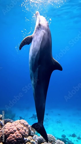 Majestic dolphin swimming gracefully above a vibrant coral reef in clear blue tropical waters, ideal for nature documentaries and travel promotions. Vertical Video Portrait Orientation.