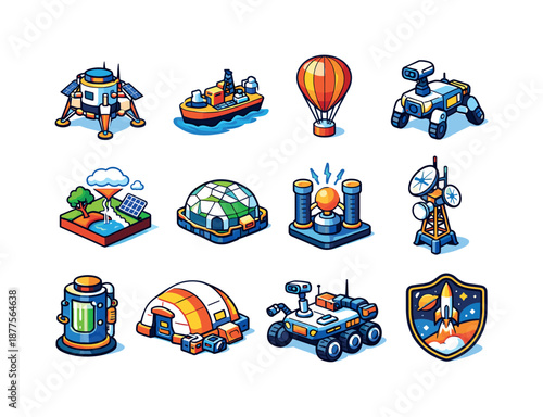 Future Exploration Icons. Future exploration. Colorful isometric vector icons set of future exploration: advanced lander, hydrocarbon boat, atmospheric