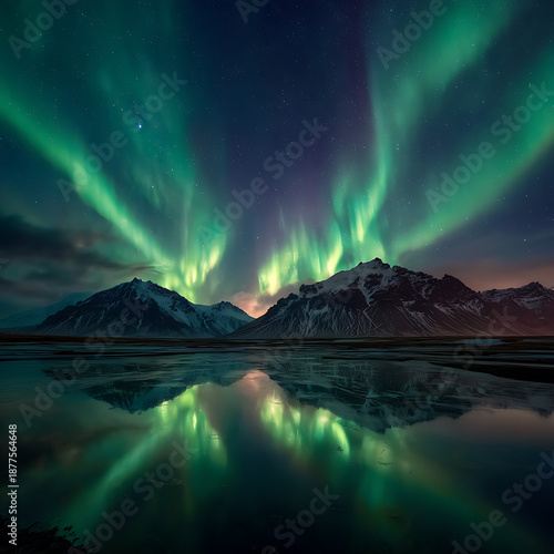 Aurora Borealis Over Mountains Reflected on Water at Night