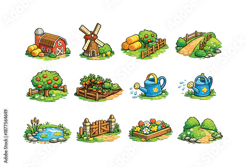 Isometric Countryside Icons. Countryside. Colorful isometric vector icons set of countryside: barn, windmill, pasture fence, hay bale, farm path, orchard tree,