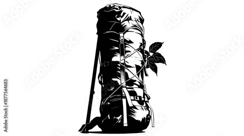 A black and white illustration of a backpack with trekking poles and leaves