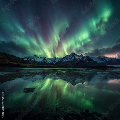 Aurora Borealis Over Mountains Reflected on Water at Night