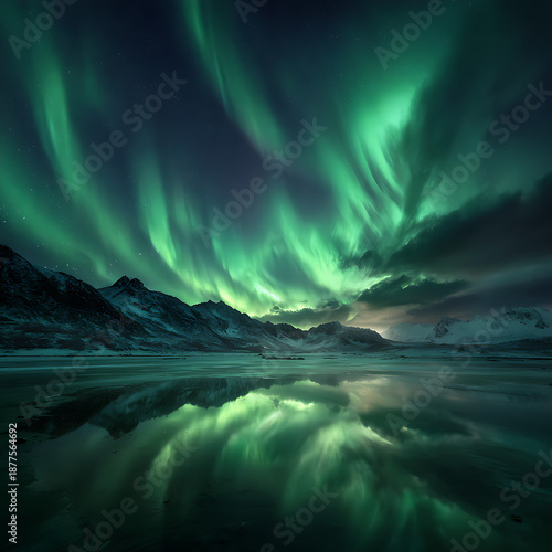 Aurora Borealis Over Mountains Reflected on Water at Night