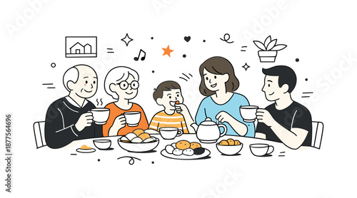 Family Tea Gathering. Visiting relatives tea time. Family members gathered around a table with tea and snacks, cozy atmosphere and unhurried togetherness.
