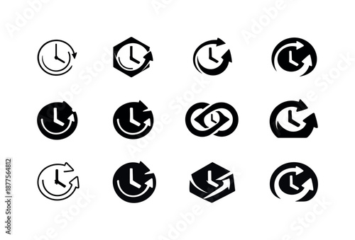 Freelancing Icon Set. Freelancing. Icon set. Set Logo of freelancing: flexible clock. harmonious logo variations of the same emblematic concept, each with