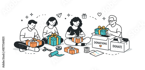 Gift Wrapping Team. Group wrapping gifts for donation. Several people sitting together and wrapping presents, calm teamwork and shared intention to help