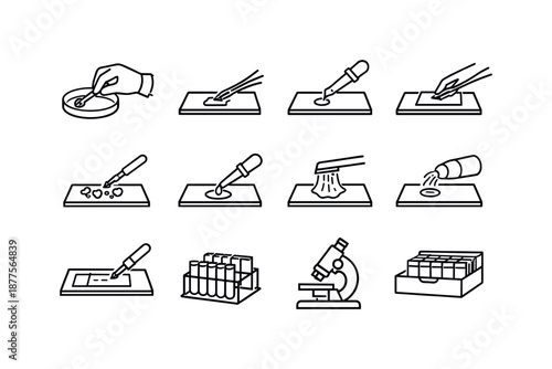 Slide Preparation Icons. Slide Preparation Steps. Line icon set of Slide Preparation Steps: sample collection, sample placement, adding drop, placing cover