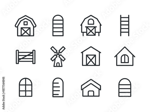Farm Structure Icons. Farm structures. Line icon set of Farm structures: wooden barn, cylindrical silo, chicken coop, barn loft, fence gate, windmill, storage