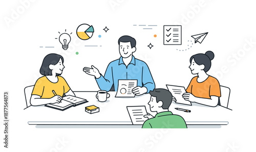 Collaborative Team Meeting. Team leader meeting. A leader sitting at the table with the team, discussing plans and reviewing notes together. Calm authority and