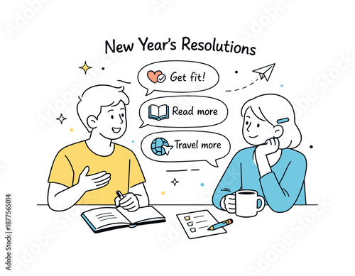 New Year's Resolutions. Making New Year?s resolutions together. Couple or friends discussing goals and sharing ideas. Supportive conversation and positive
