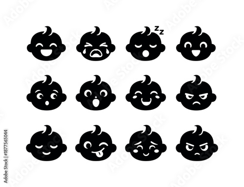 Infant Emotions Icons. Infant emotions. Solid icon set of infant emotions: smiling baby, crying face, sleepy baby, excited face, curious look, surprised